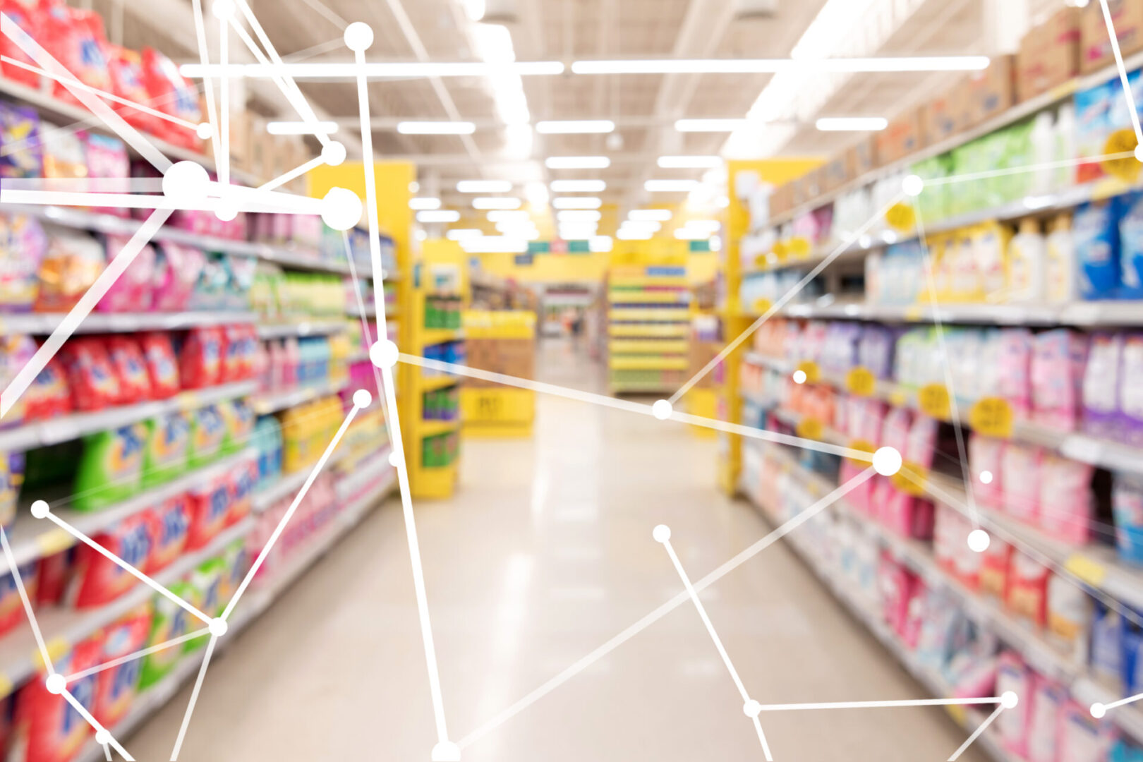 Smart retail , deep learning , neural networks technology and marketing concept. Disruption artificial intelligence atoms connect with retail shop supermarket store background.